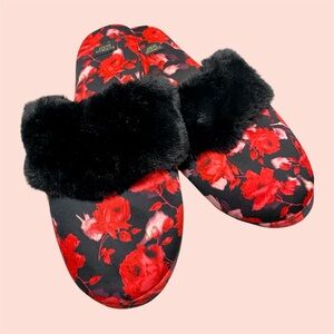 NWOT VS Floral Satin Slippers w Faux Fur